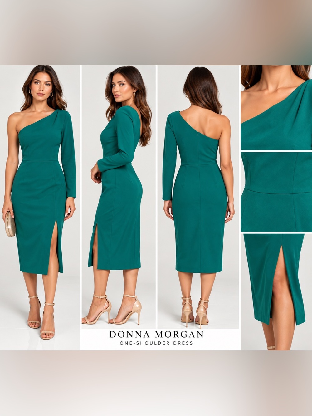Donna Morgan Rich Teal One Shoulder Long Sleeve Midi Dress Size 12 NWOT